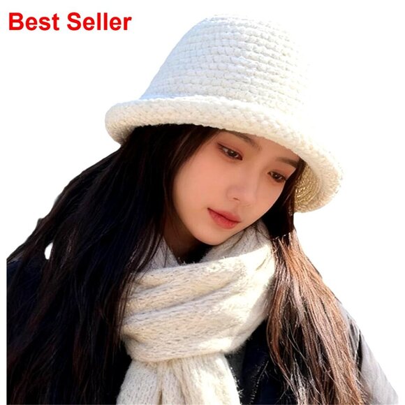 Vintage Knitted Bucket Hat, Acrylic, Winter Warm Crochet Cap main image 4